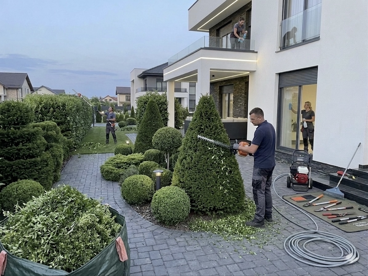 Professionelle Gartenpflege an einem Wohnhaus