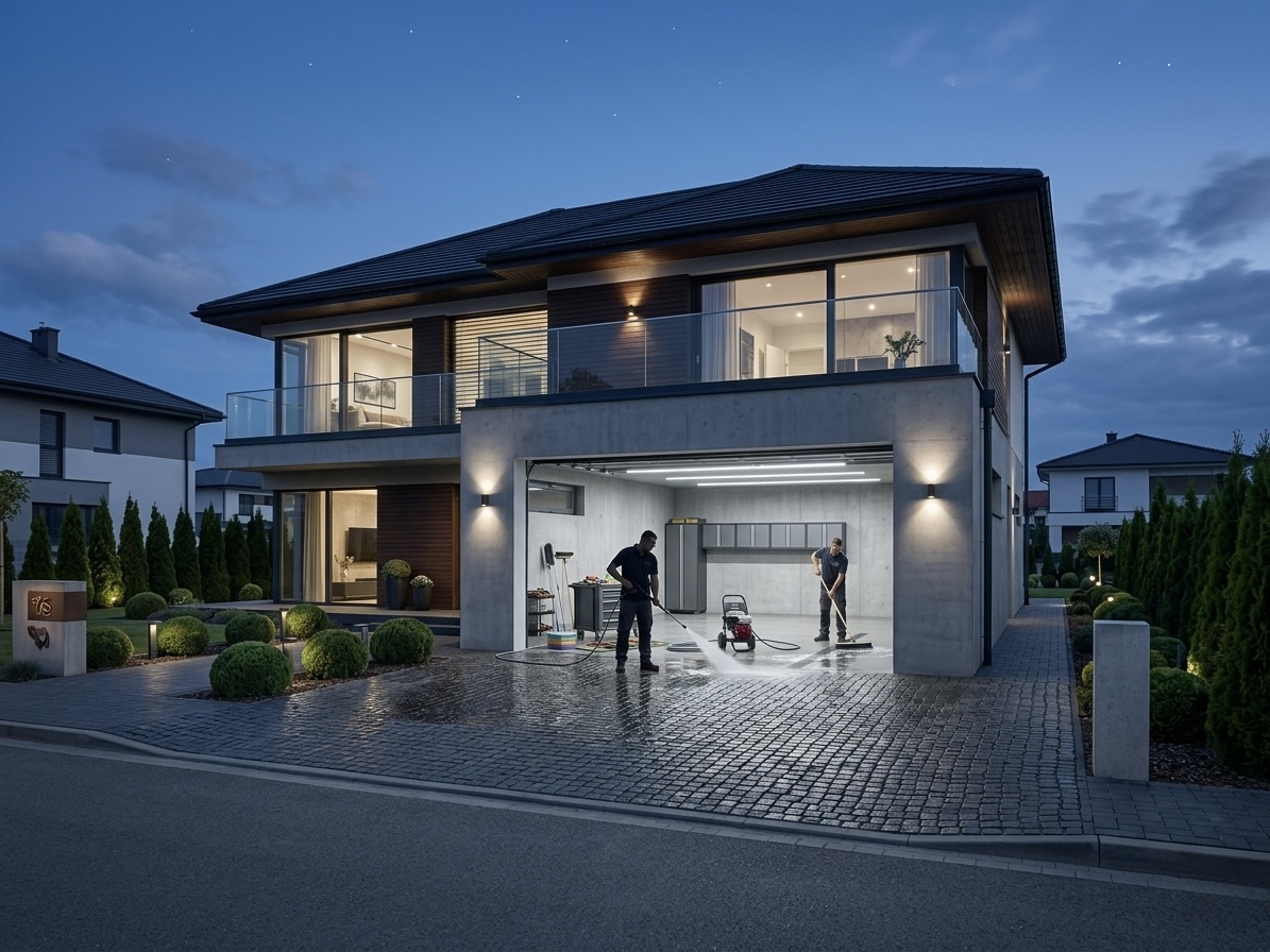 Hochdruckreinigung einer Einfahrt und Garage
