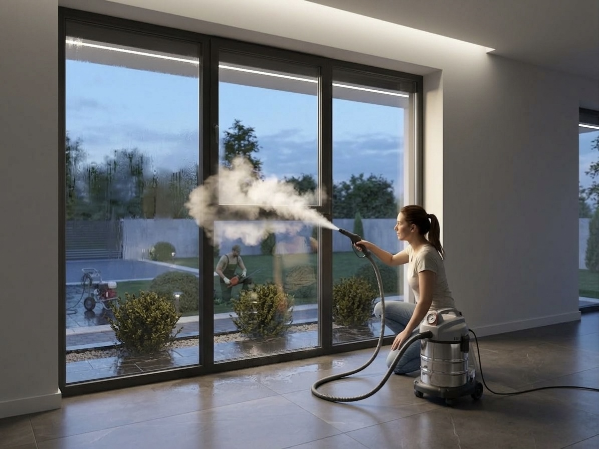 Dampfreinigung einer großen Fensterfläche